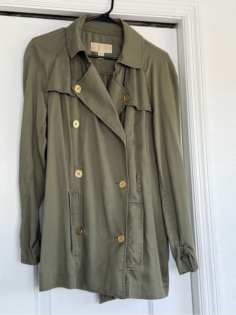 Michael Kors Olive Green Double-Breasted Trench Coat with Gold Buttons